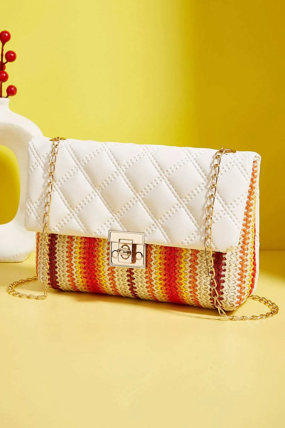 White Quilted Flap Printed Knit Chain Single Shoulder Bag