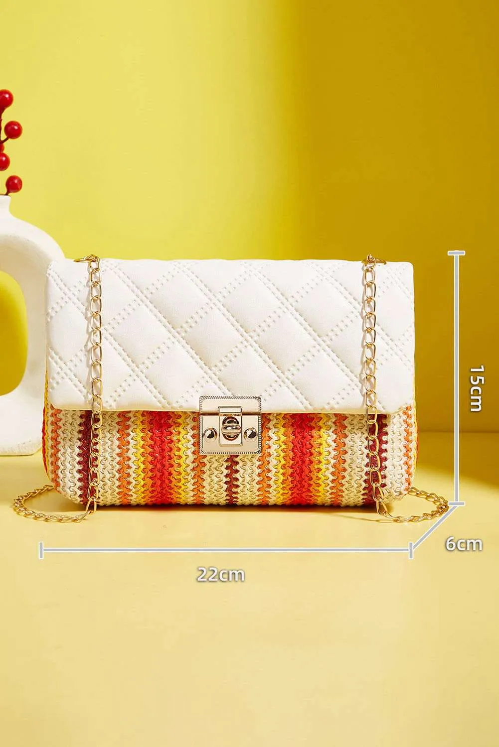 White Quilted Flap Printed Knit Chain Single Shoulder Bag