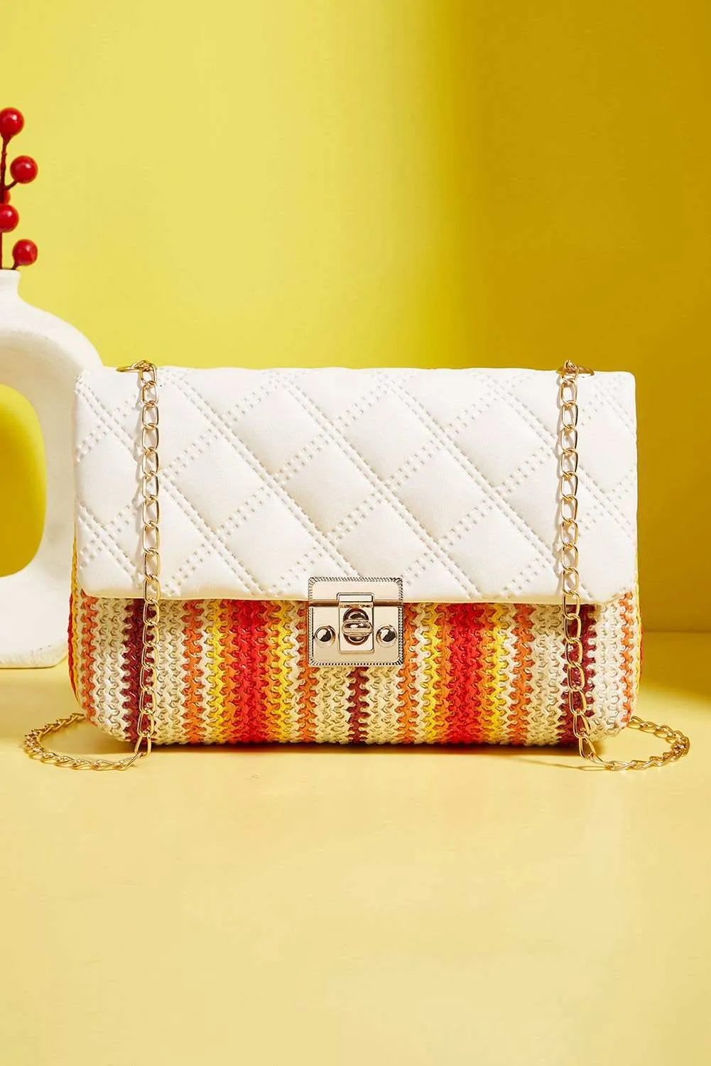 White Quilted Flap Printed Knit Chain Single Shoulder Bag