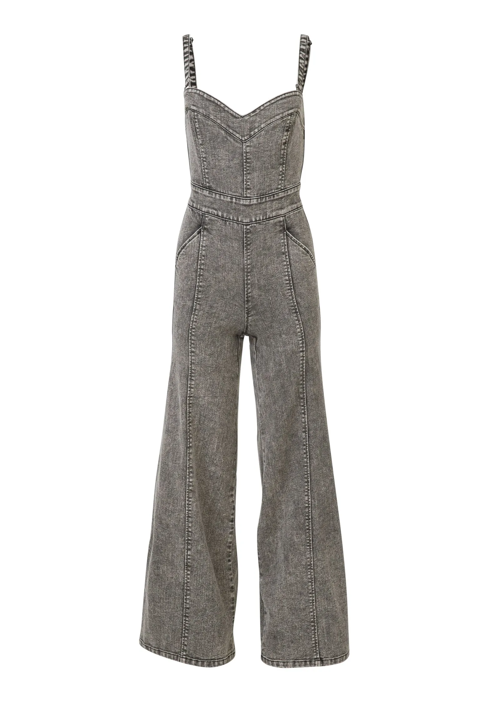 Wide Leg Denim Jumpsuit - Grey Washed Denim