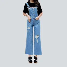 Wide-leg distressed women's denim jumpsuit