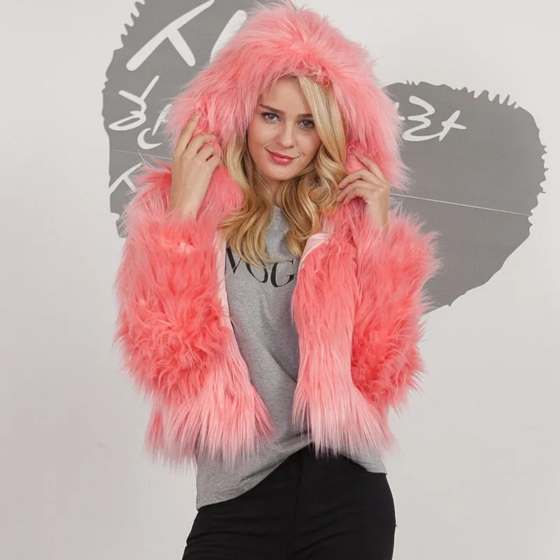 Winter Hooded Fur Coat - Women Warm Long Sleeve Outerwear Solid Faux Fur Jacket