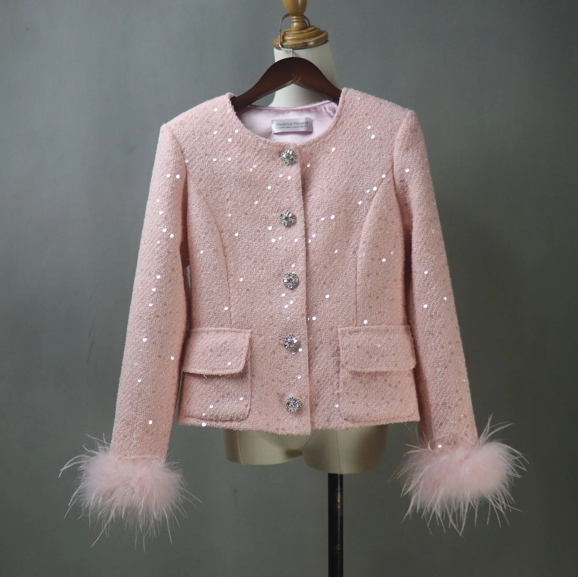 Women Pink Sequinned Jacket  With Faux Fur Trim