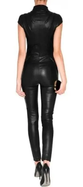 Women's Black Bodycon Leather Jumpsuit