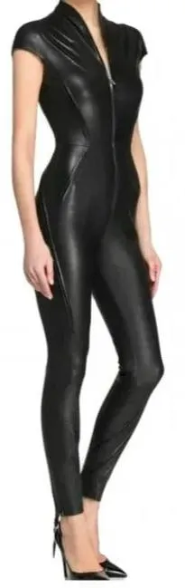 Women's Black Bodycon Leather Jumpsuit