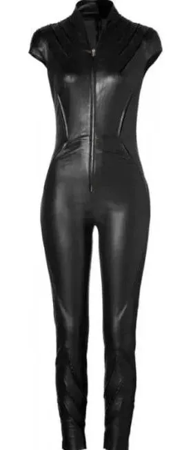 Women's Black Bodycon Leather Jumpsuit