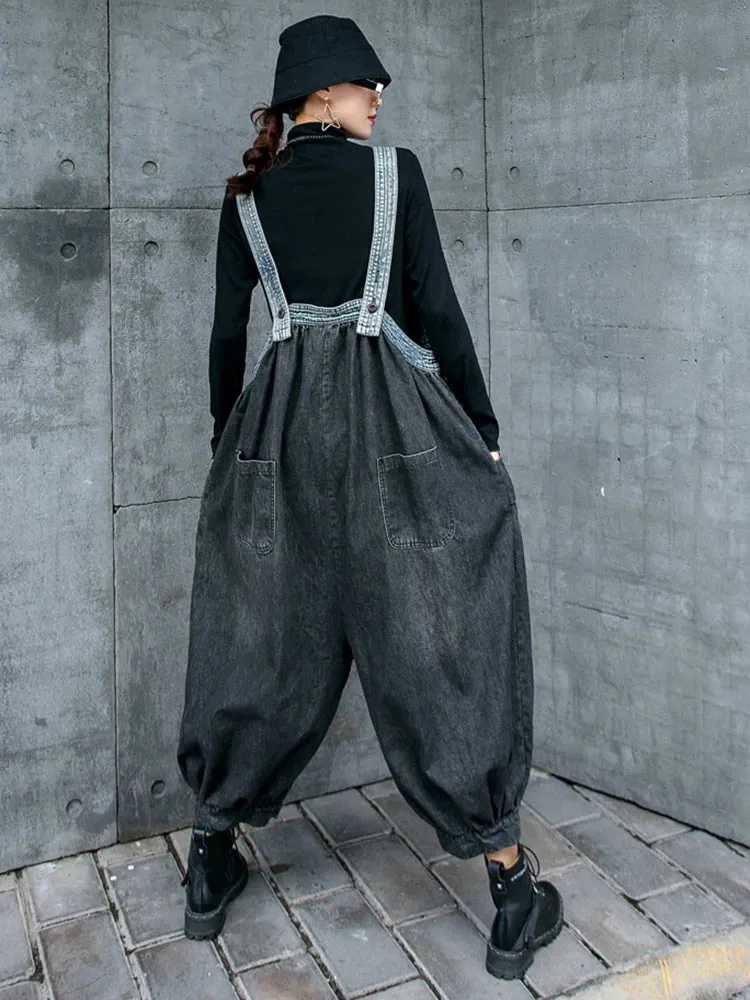 Women's Black Oversized Denim Overall Jumpsuit