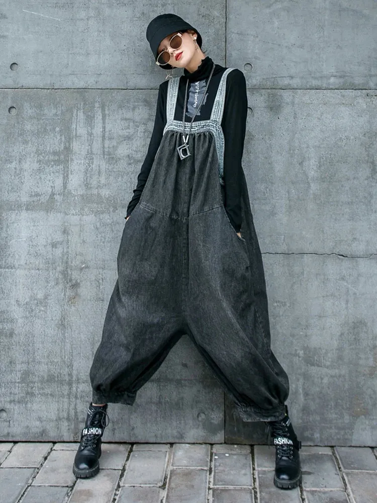 Women's Black Oversized Denim Overall Jumpsuit