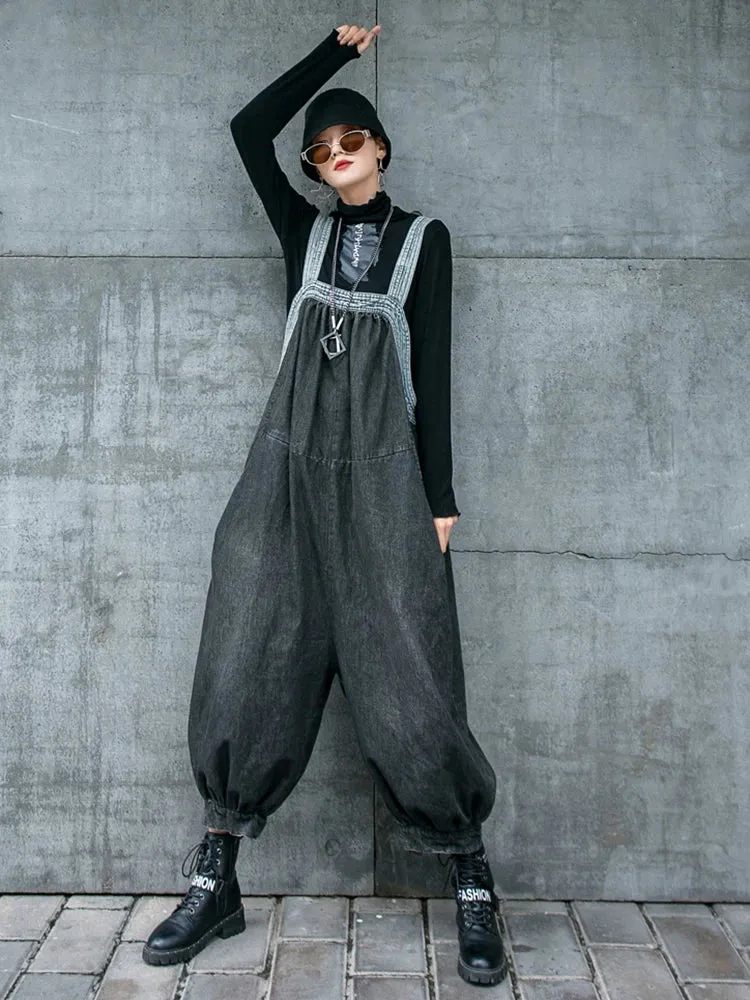 Women's Black Oversized Denim Overall Jumpsuit