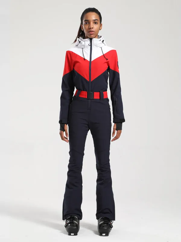 Women's Gsou Snow Retro Belted Color-Blocked Flare One Piece Ski Suit