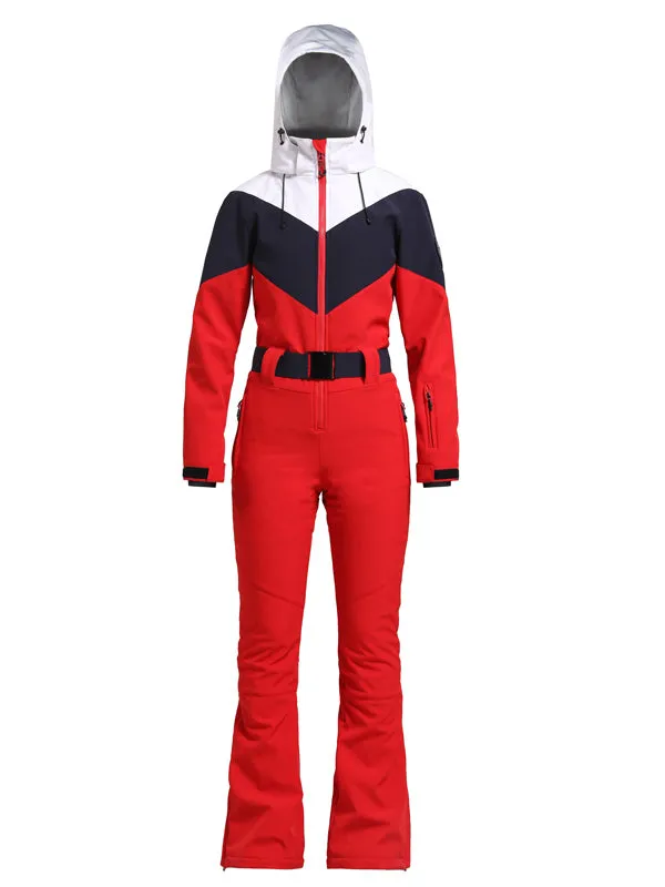 Women's Gsou Snow Retro Belted Color-Blocked Flare One Piece Ski Suit