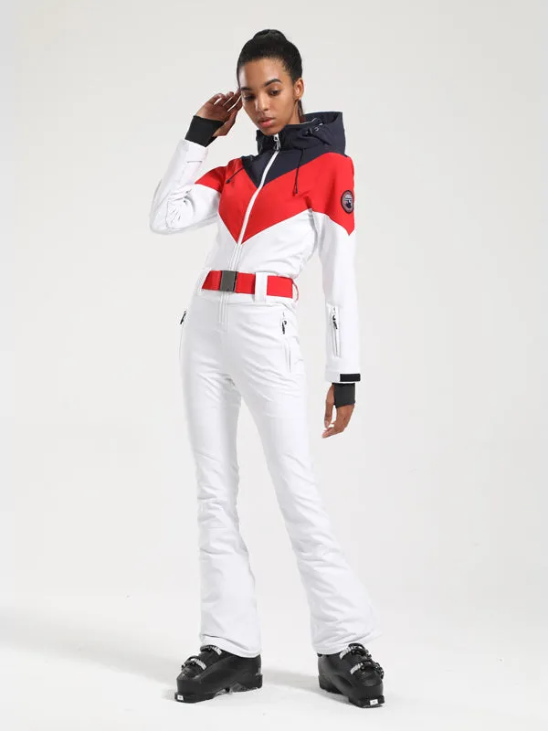 Women's Gsou Snow Retro Belted Color-Blocked Flare One Piece Ski Suit