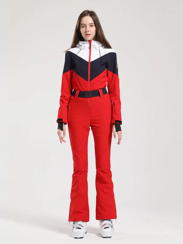 Women's Gsou Snow Retro Belted Color-Blocked Flare Ski Suit