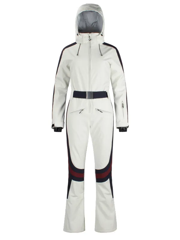 Women's Gsou Snow Retro Belted Stripe Flare One Piece Ski Suit