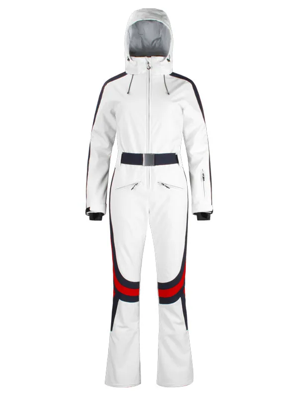 Women's Gsou Snow Retro Belted Stripe Flare One Piece Ski Suit