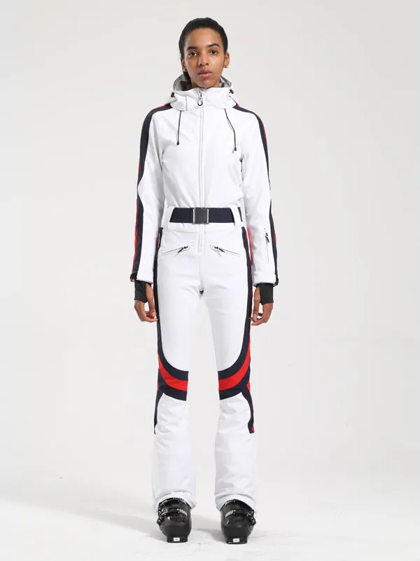 Women's Gsou Snow Retro Belted Stripe Flare One Piece Ski Suit