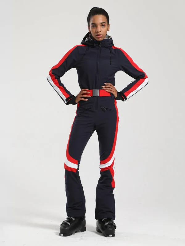 Women's Gsou Snow Retro Belted Stripe Flare One Piece Ski Suit