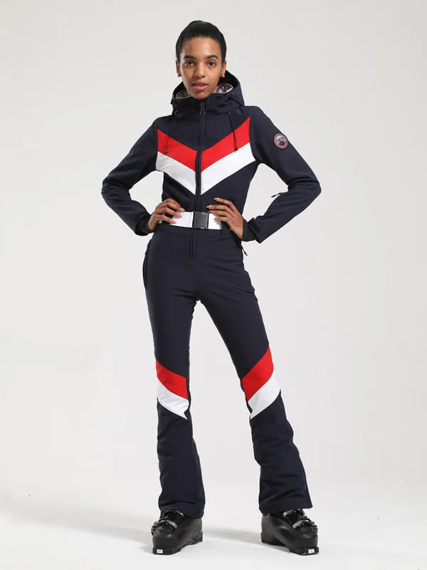 Women's Gsou Snow Retro Belted V Striped Flare One Piece Ski Suit