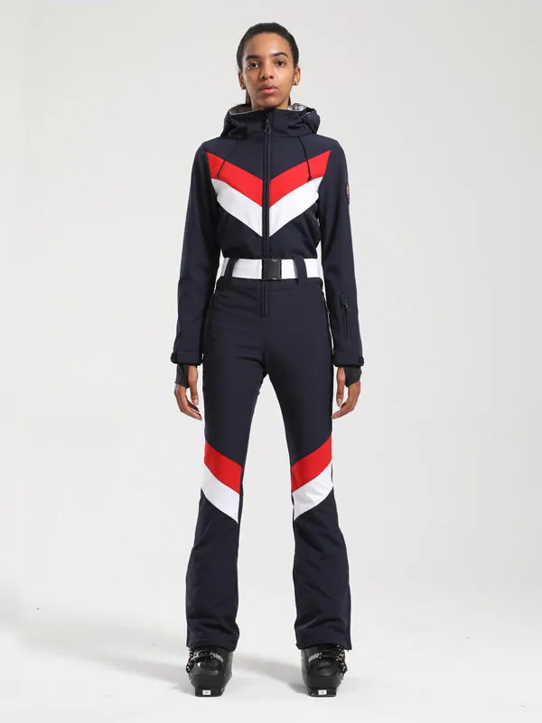 Women's Gsou Snow Retro Belted V Striped Flare One Piece Ski Suit