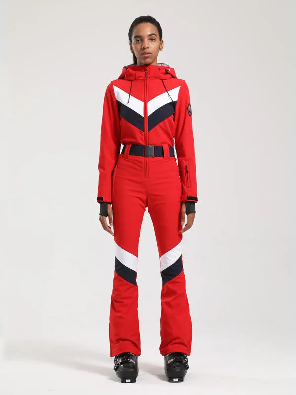 Women's Gsou Snow Retro Belted V Striped Flare One Piece Ski Suit