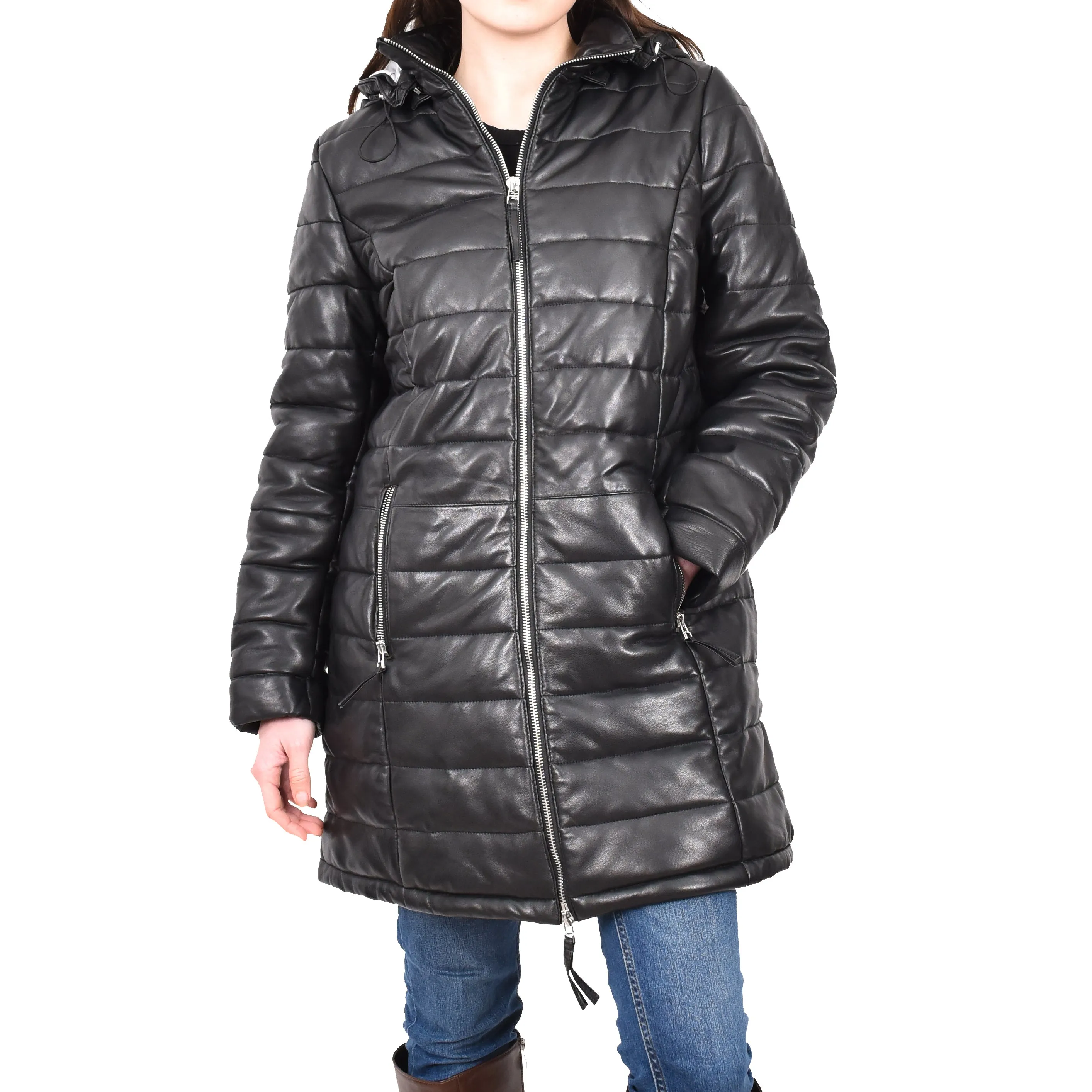 Women's Leather 3/4 Length Coat Puffer Detachable Hoodie Tuva Black