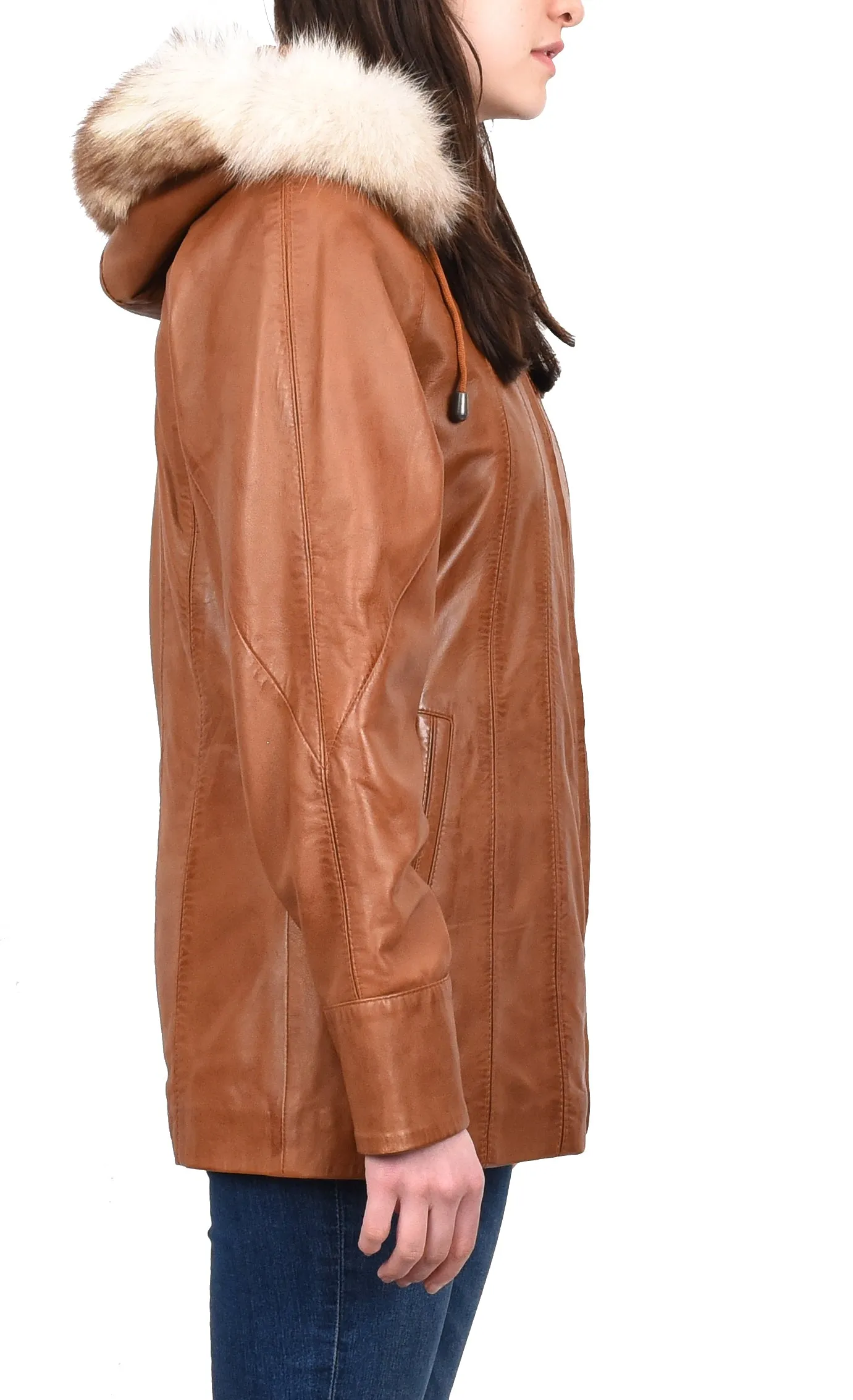 Women's Real Leather Coat with Fur Hood Winter Tan Chicora