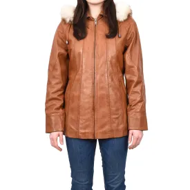 Women's Real Leather Coat with Fur Hood Winter Tan Chicora