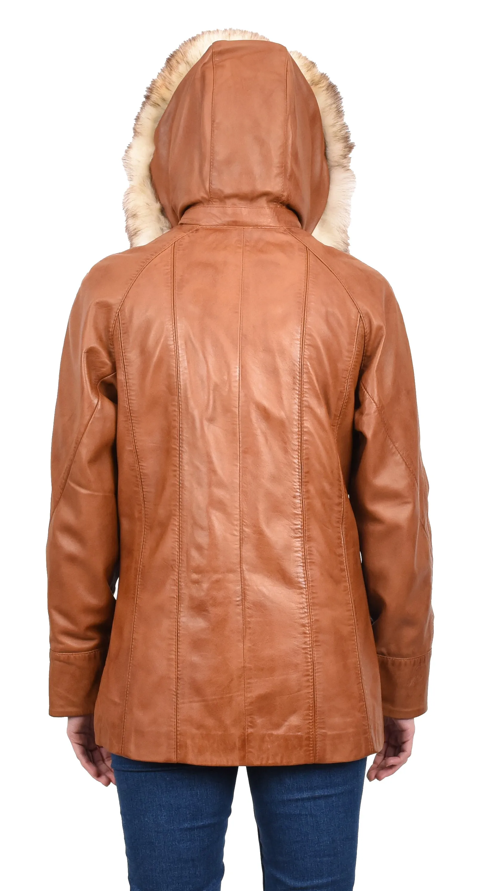 Women's Real Leather Coat with Fur Hood Winter Tan Chicora