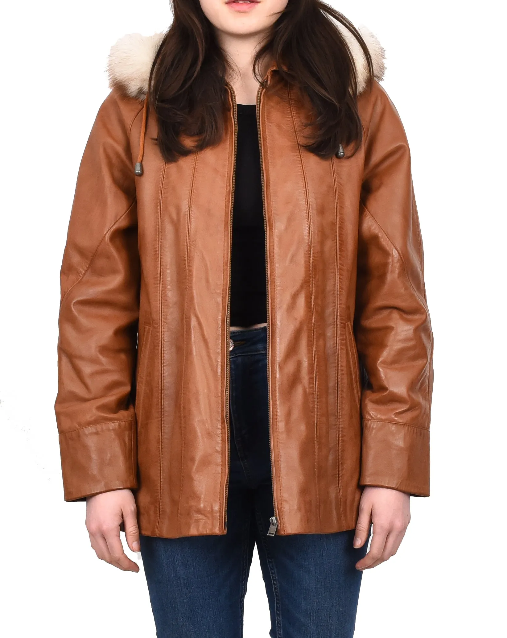 Women's Real Leather Coat with Fur Hood Winter Tan Chicora