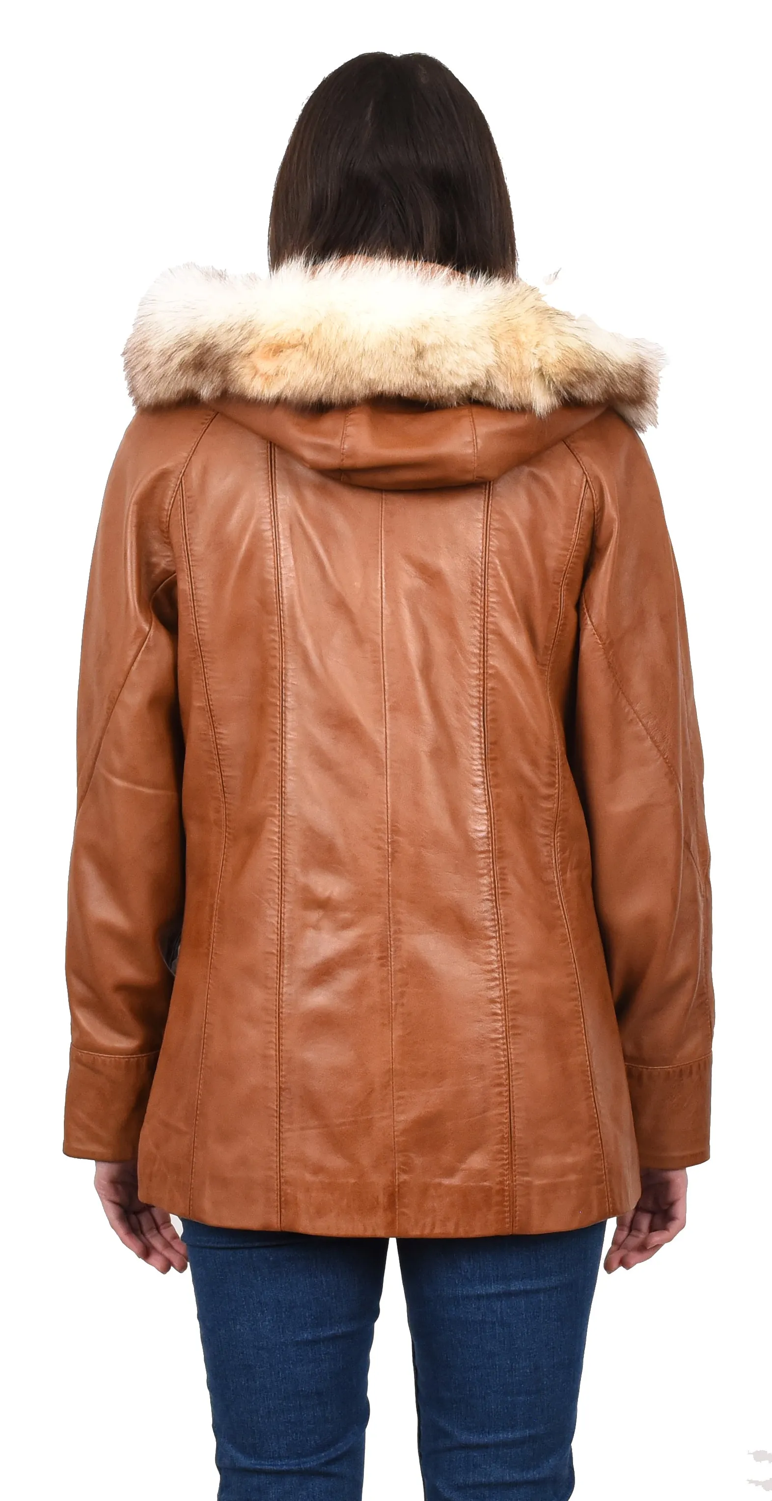 Women's Real Leather Coat with Fur Hood Winter Tan Chicora