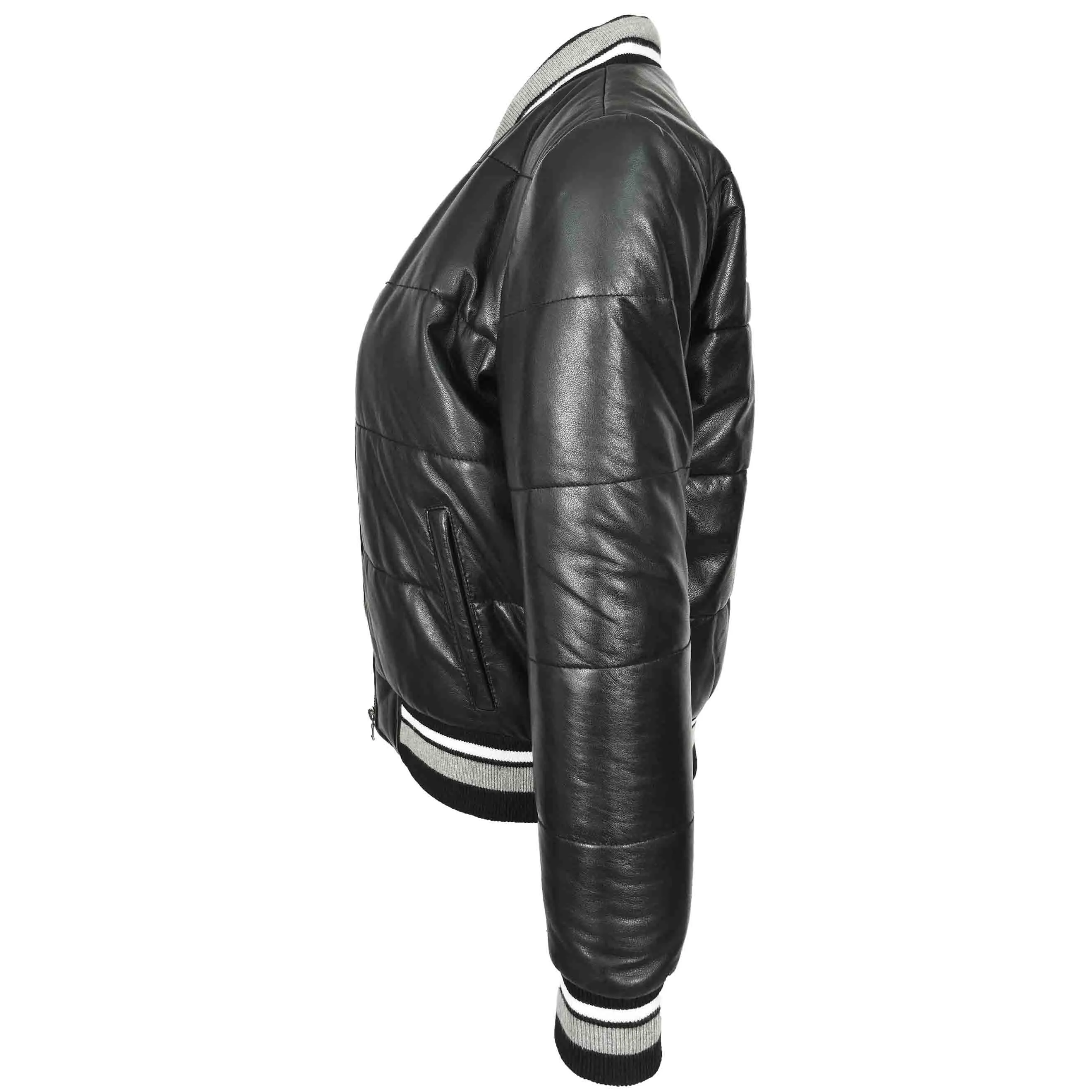 Womens Real Leather Puffer Bomber Jacket Dolly Black