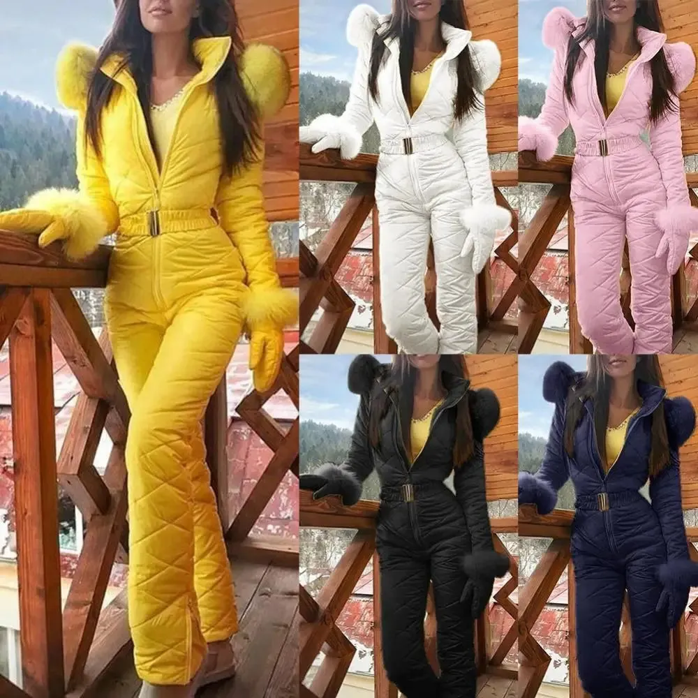 Women's Winter Ski Jumpsuit - Warm Fleece, Faux Fur Hood, Outdoor Zip-Up with Hooded Collar