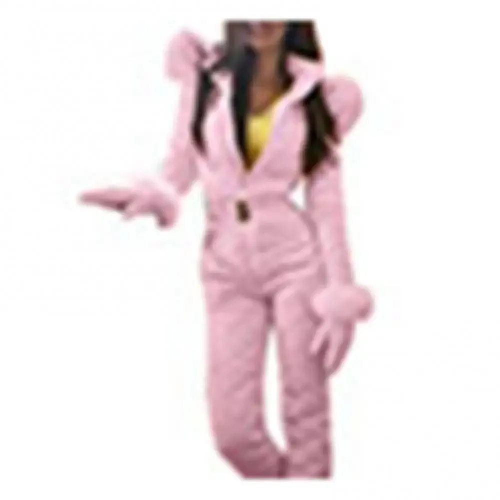 Women's Winter Ski Jumpsuit - Warm Fleece, Faux Fur Hood, Outdoor Zip-Up with Hooded Collar